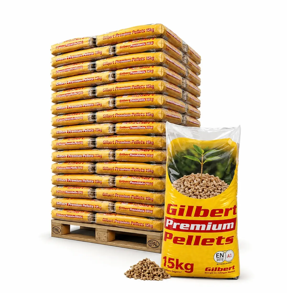 Gilbert Premium Holzpellets ENplus A1, 6 mm – Palette 65 × 15 kg (975 kg)
