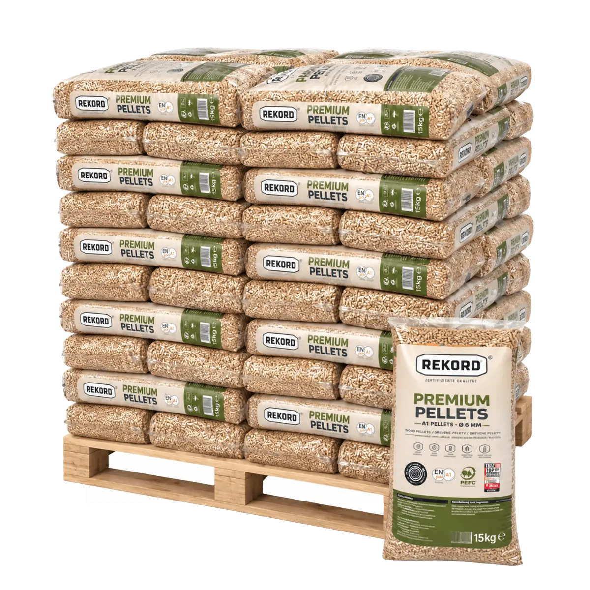 Rekord Premium Holzpellets Weichholz ENplus A1, 6 mm – Palette 66 × 15 kg (990 kg)