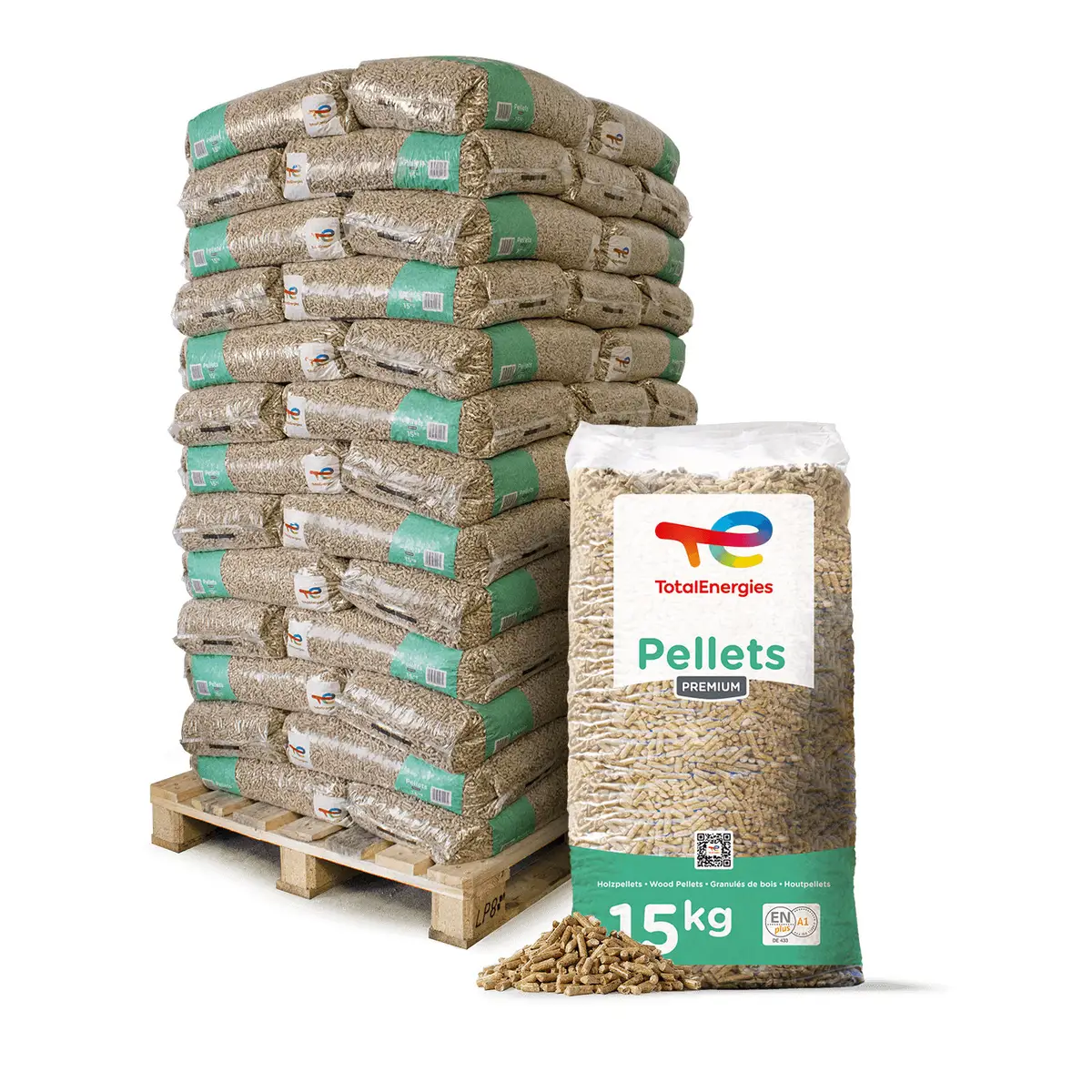 TotalEnergies Holzpellets ENplus A1, 6 mm – Palette 65 × 15 kg (975 kg)
