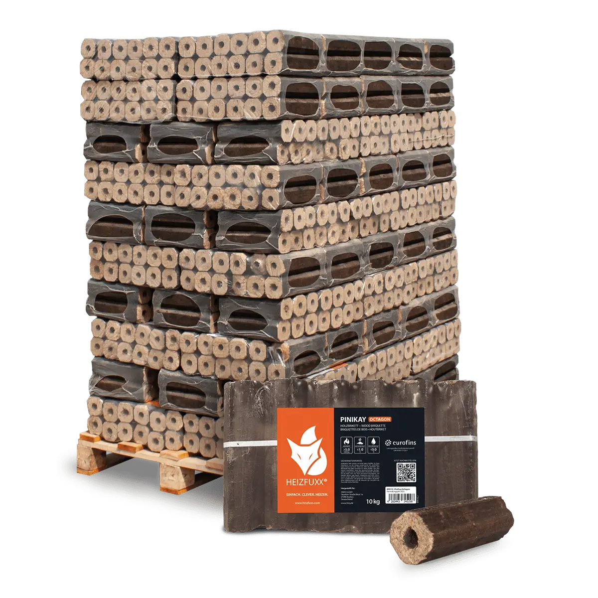 Heizfuxx Hartholzbriketts Pini-Kay ENplus A1 – Palette 96 × 10 kg (960 kg)