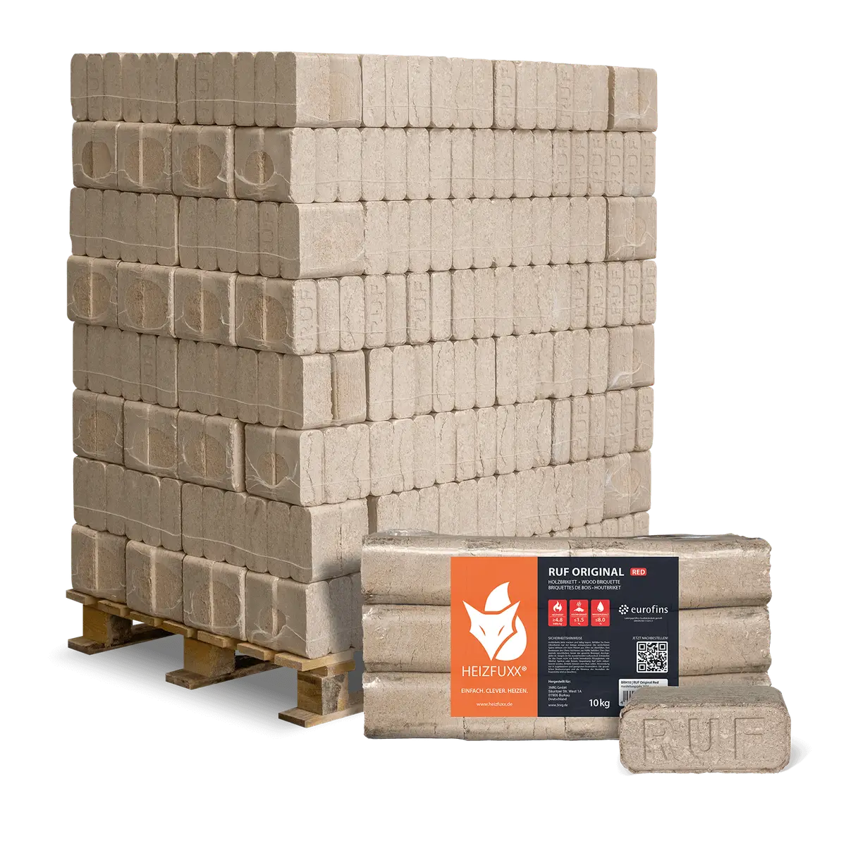 Heizfuxx Hartholzbriketts RUF, FSC – Palette 96 × 10 kg (960 kg)